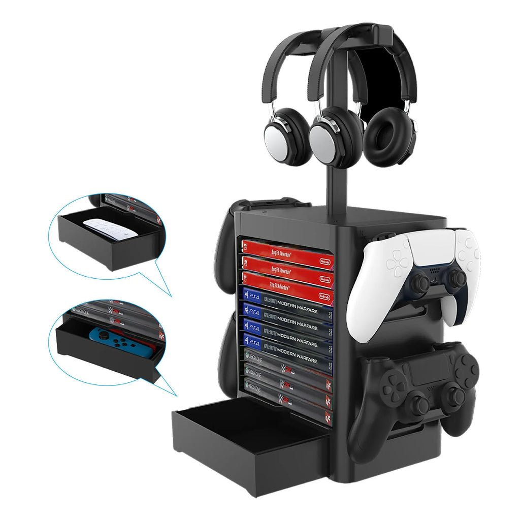Black ABS gaming console CD storage rack with headphone holder and bottom drawer for controllers and accessories.