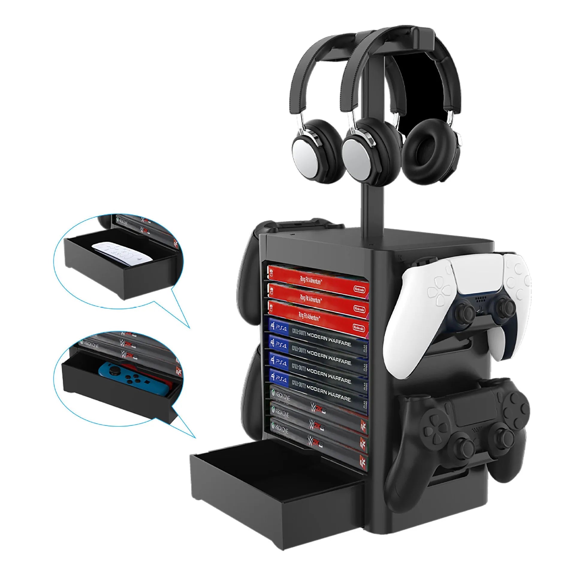 Black ABS gaming console CD storage rack with headphone holder and bottom drawer for controllers and accessories.