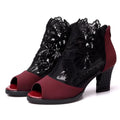 Black women's gladiator sandals with flower lace pattern and square heel on rubber outsole