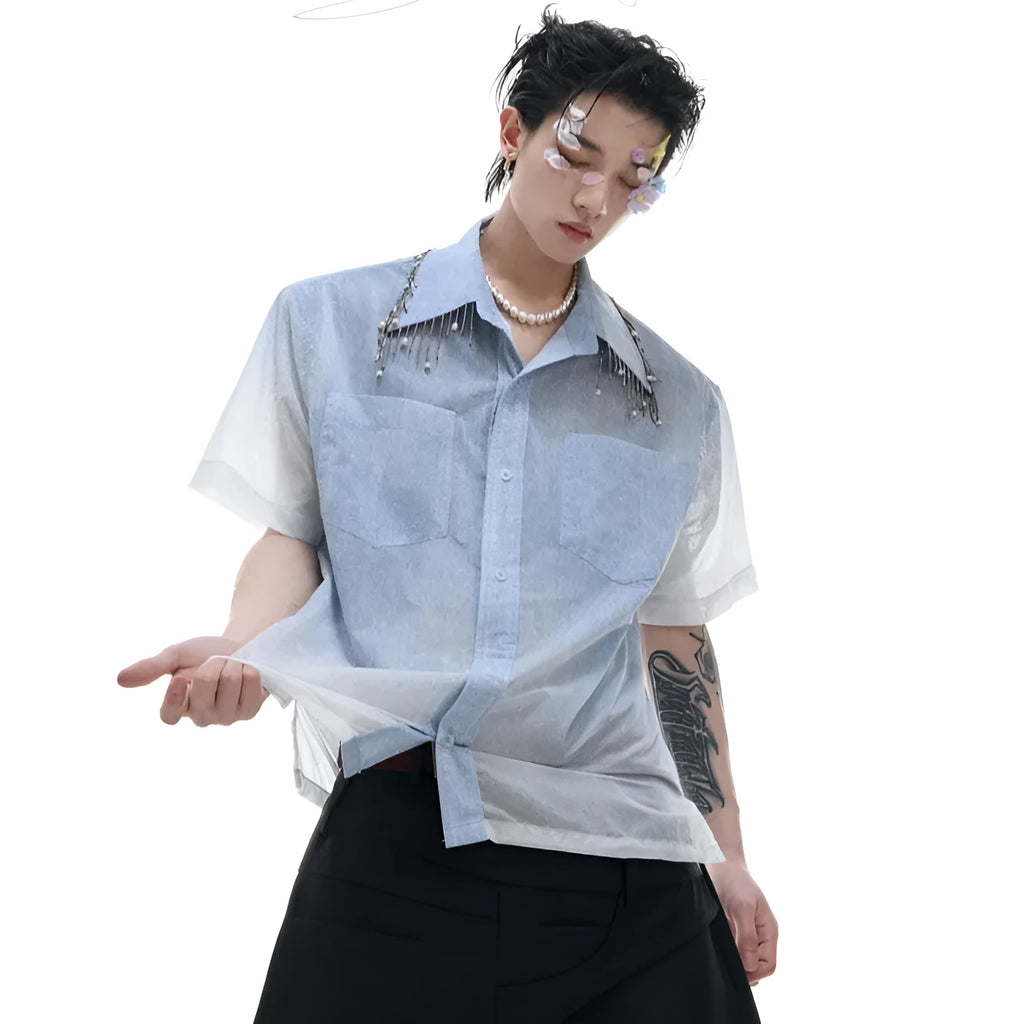 Blue and white gradient short sleeve shirt with loose fit design