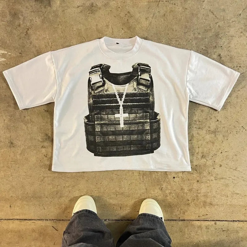 Printed cotton short sleeve t-shirt in retro street style with drop-shoulder sleeves.