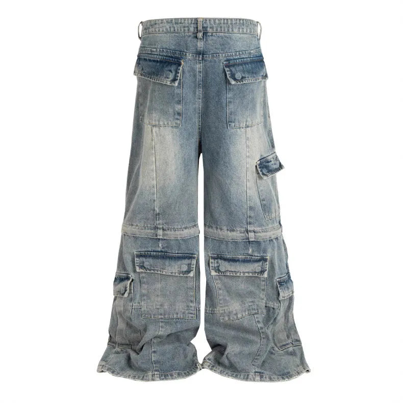 Teenager wearing black detachable washed-out cotton overalls with multiple pockets.