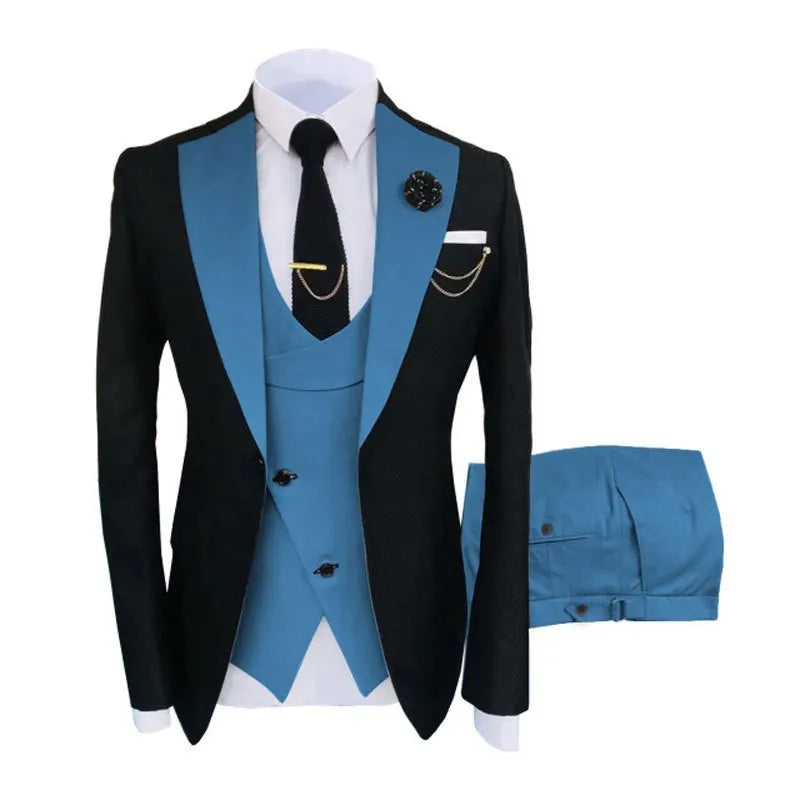 Men's slim fit cotton business suit with coat, vest and trousers in black colour combination