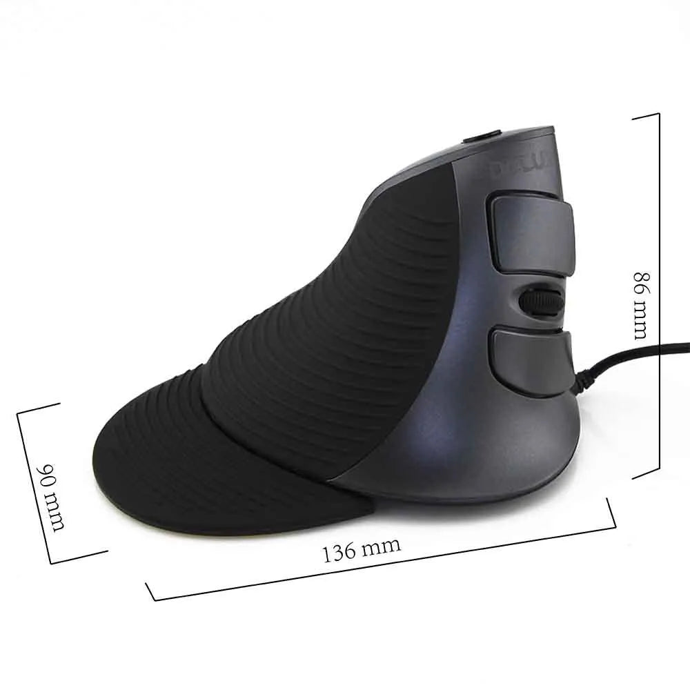 Ergonomic vertical wired mouse in black or white with large 120mm rat-sized design