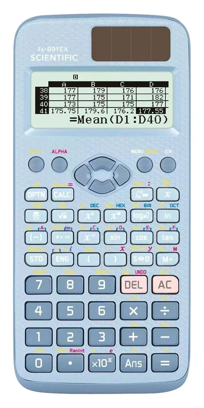 991EX scientific calculator in black, blue or pink with solar panel and ABS plastic construction
