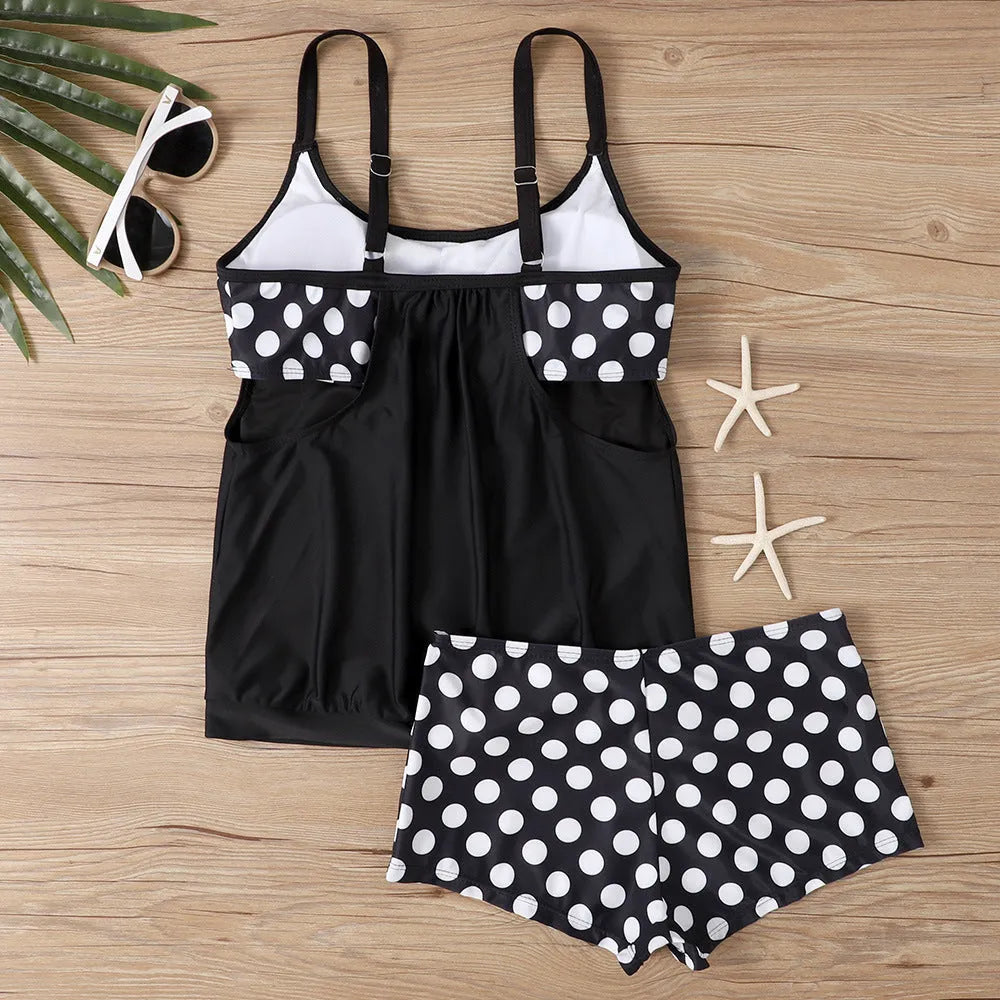 Women's polka dot boxer swimsuit in high-waisted briefs style for swimming