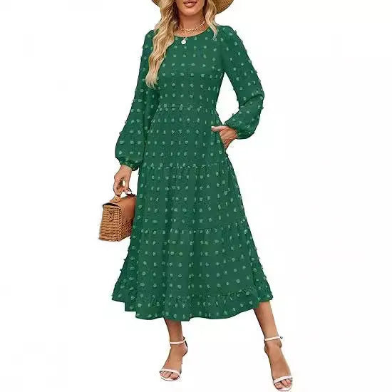 Women's beige polyester long sleeve dress with ruffle sleeves and high waist design
