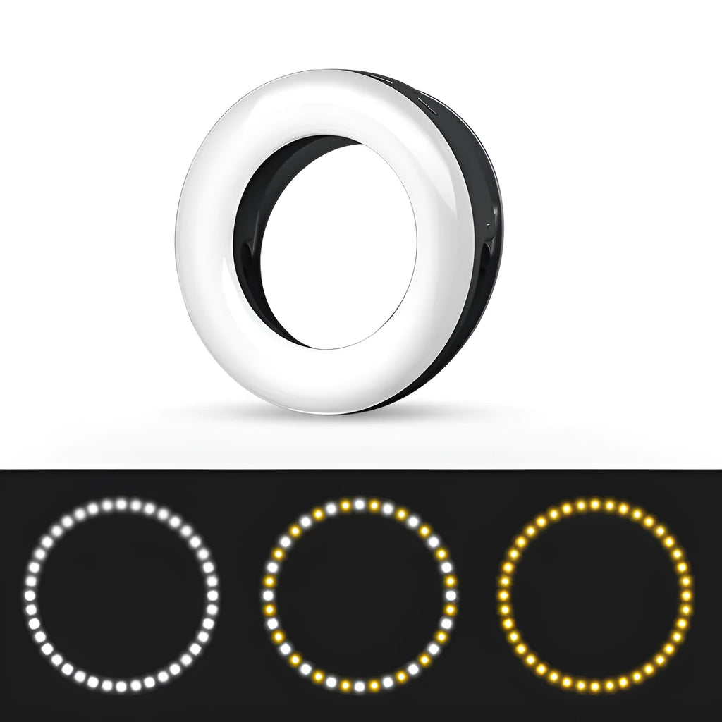 Compact black portable LED selfie ring light for mobile phones with USB cable