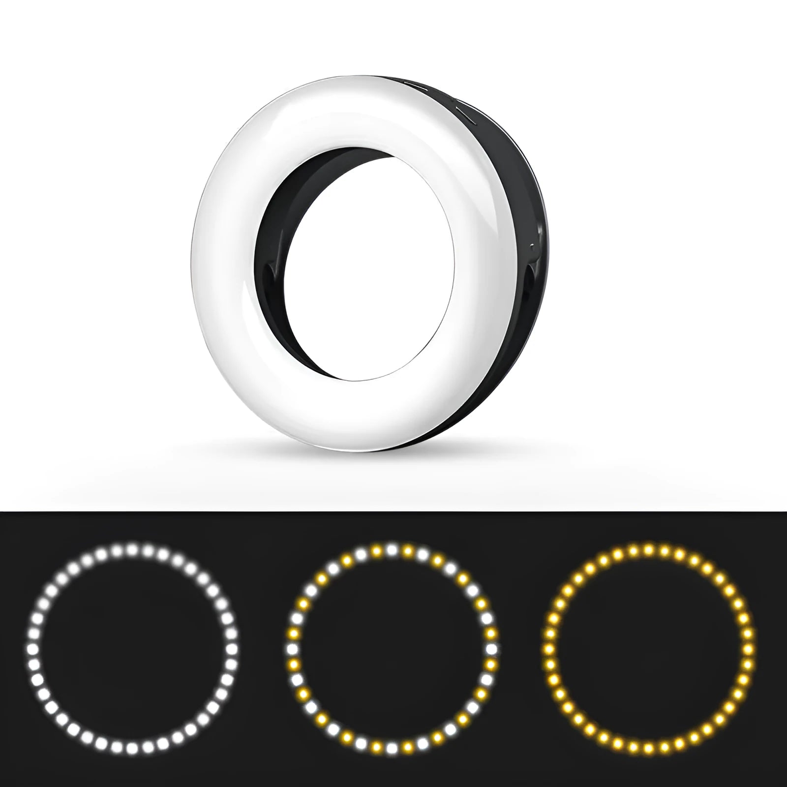 Compact black portable LED selfie ring light for mobile phones with USB cable