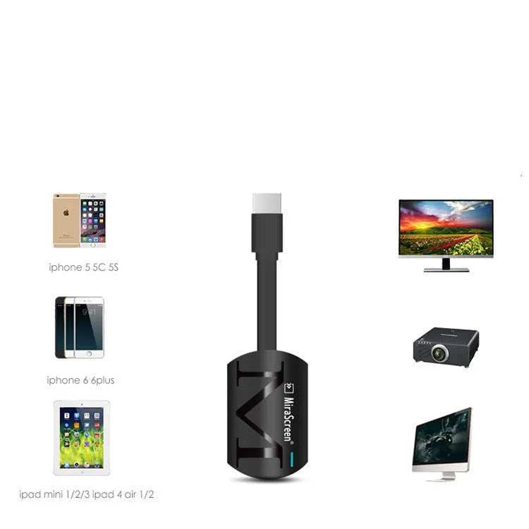Black USB HDMI TV dongle for smartphone screen mirroring, measuring 52mm by 26mm.