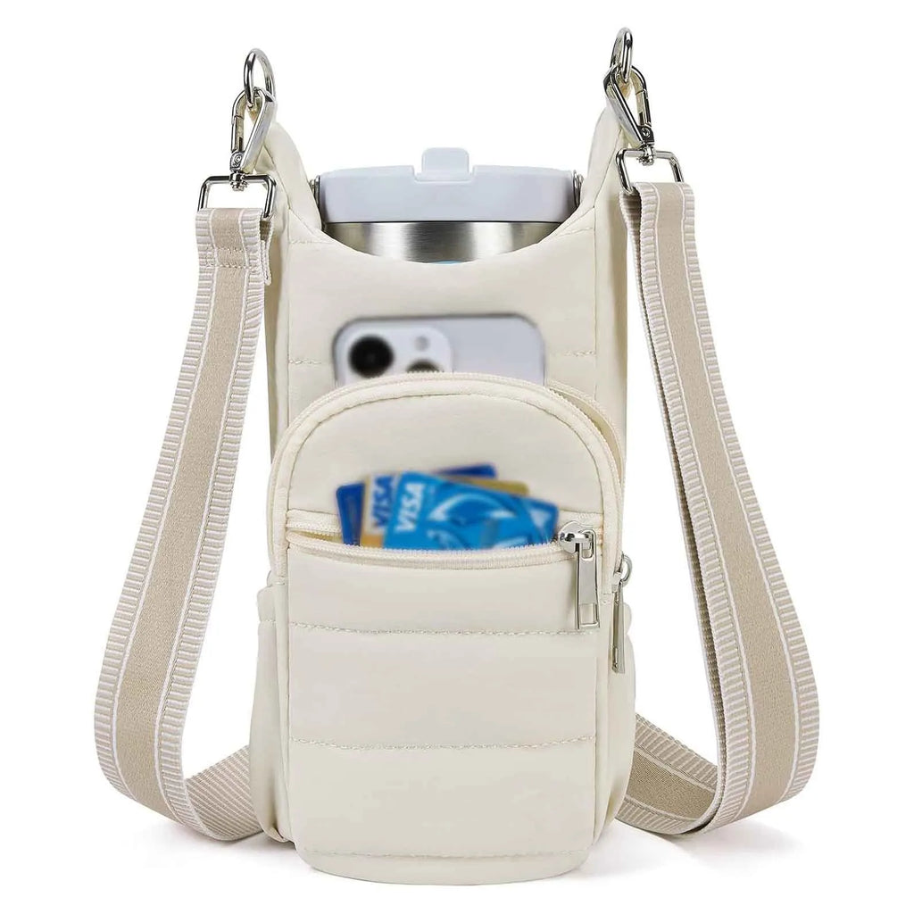 Cloth bicycle water bottle bag in black, pink or beige colour on bike frame
