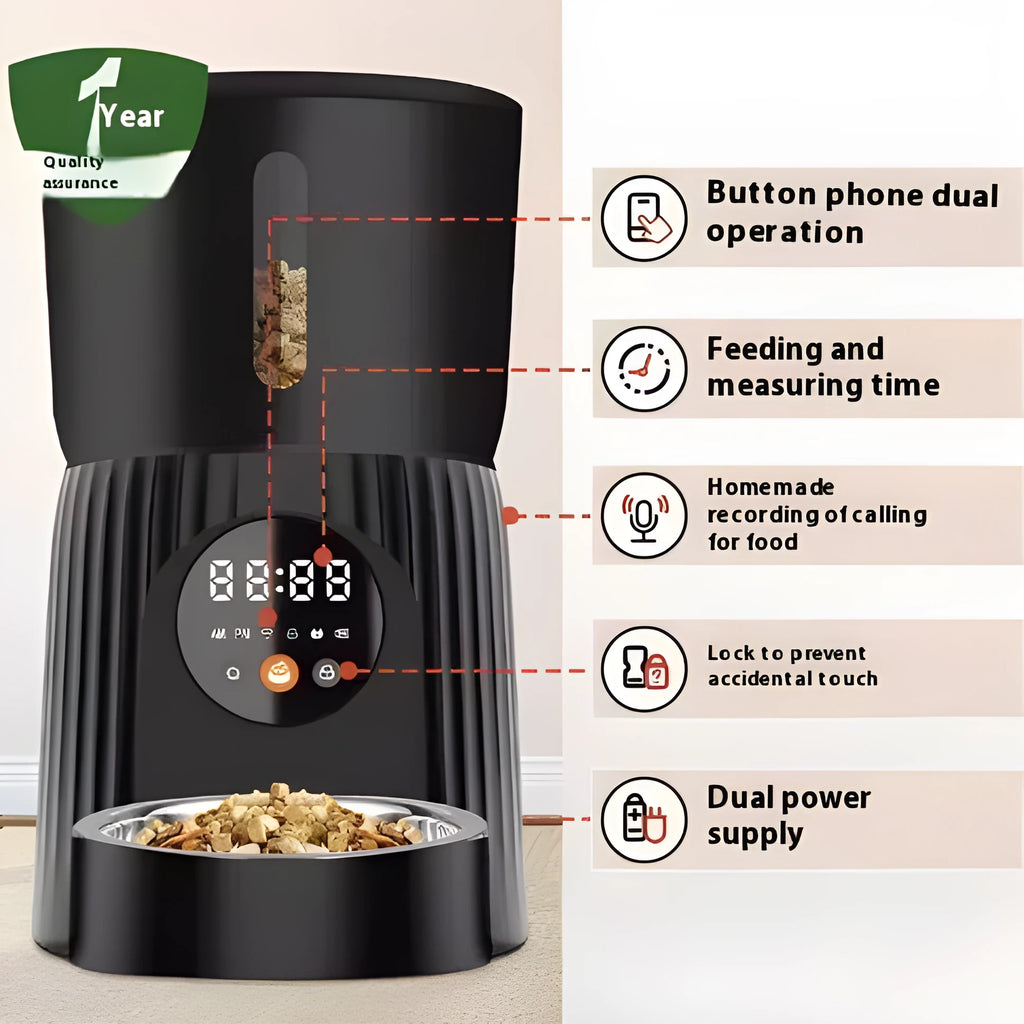 Black automatic pet feeder with display screen and food dispensing bowl for dogs and cats