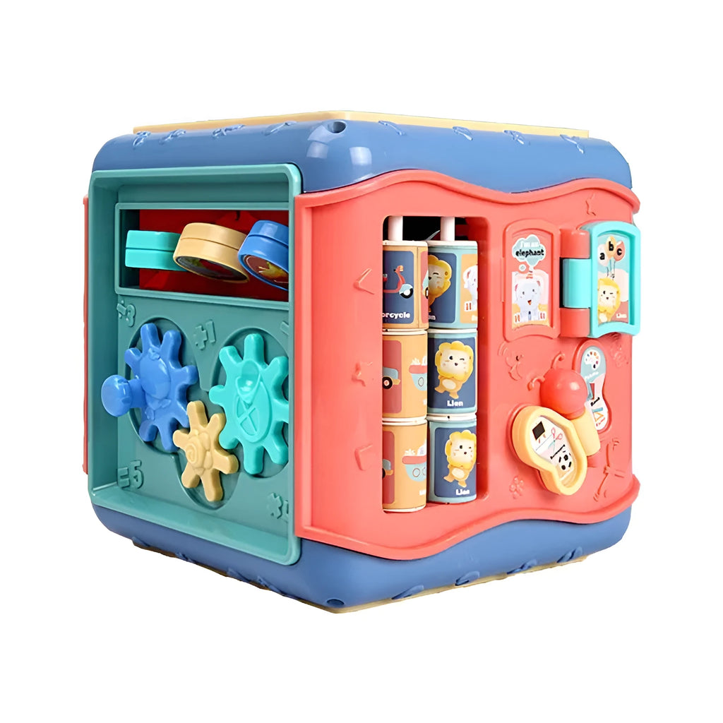 Colourful baby educational hexahedron cube with bead maze, gears, and clock for toddler learning