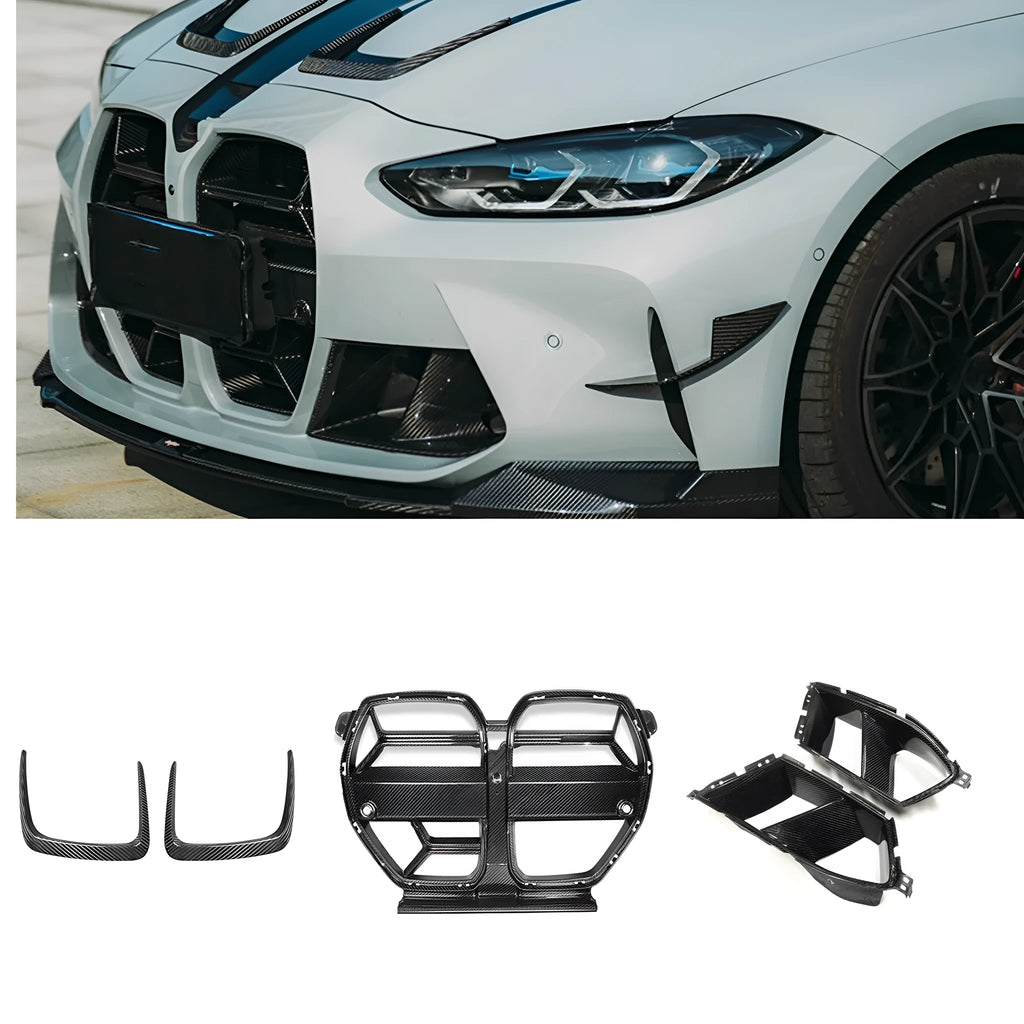 Black dry carbon fibre front bumper grille with 3K weave for BMW M3 M4 G80 G82 models.