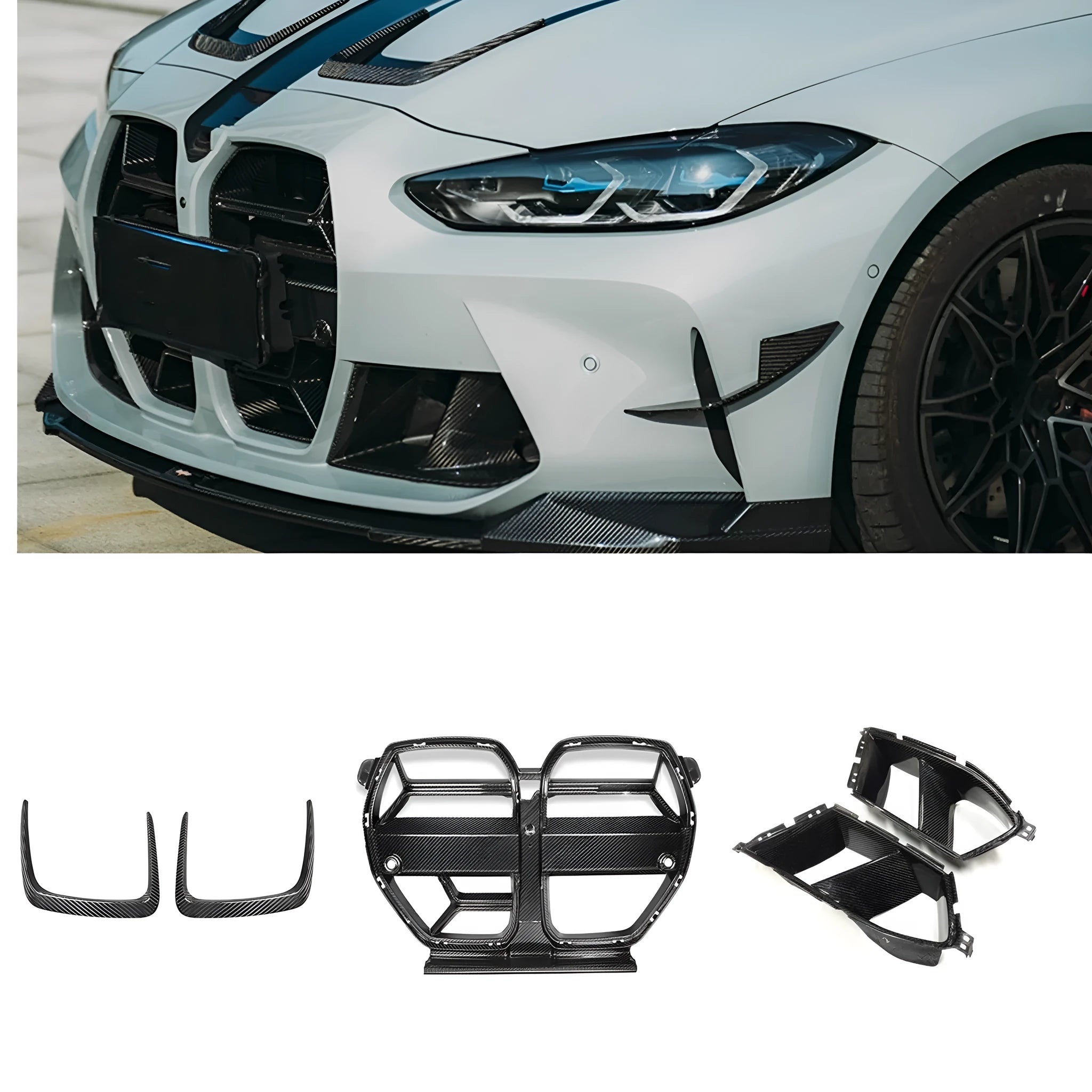 Black dry carbon fibre front bumper grille with 3K weave for BMW M3 M4 G80 G82 models.