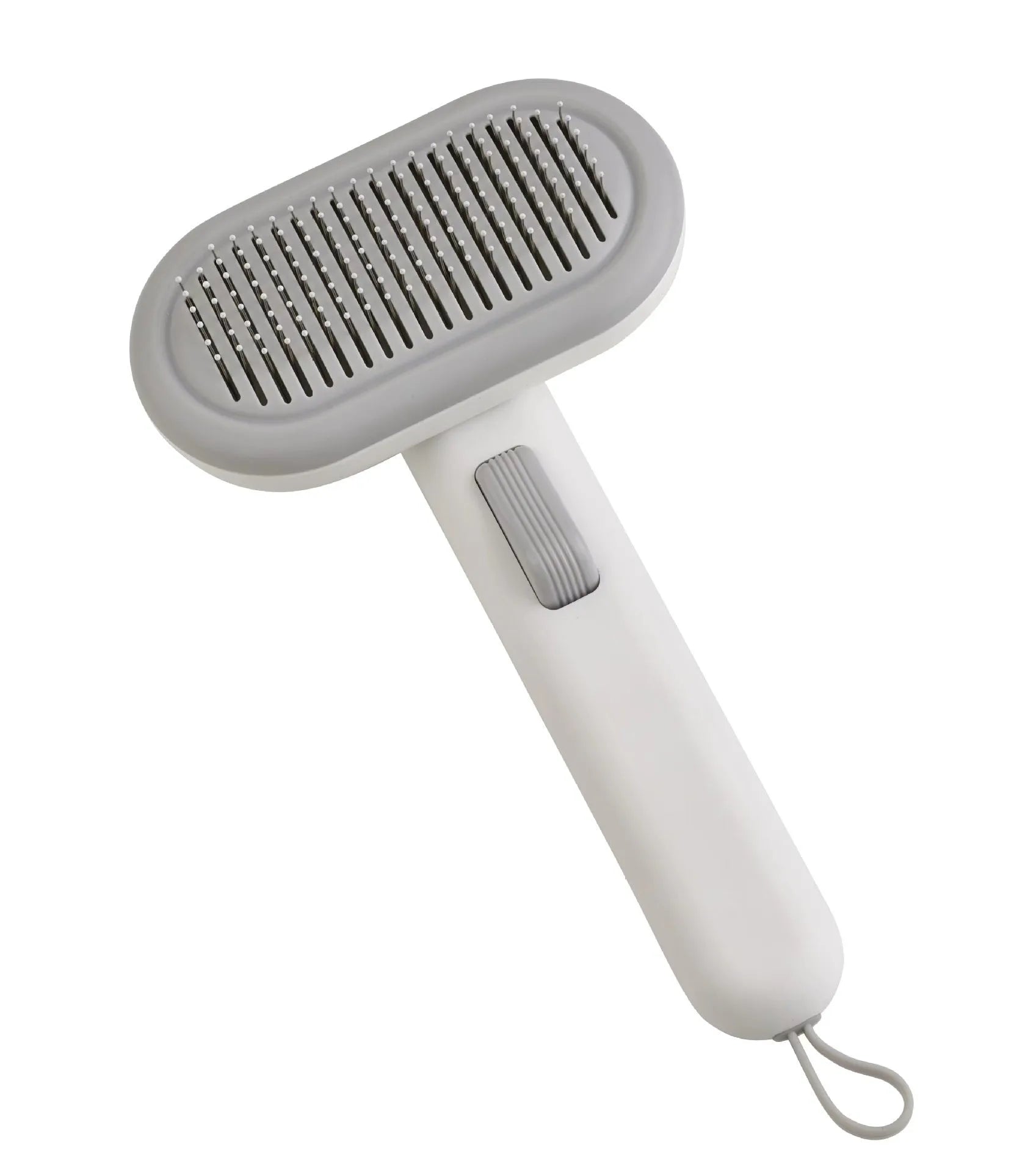 Large light grey pet hair removal comb for cats and dogs on a plain background.