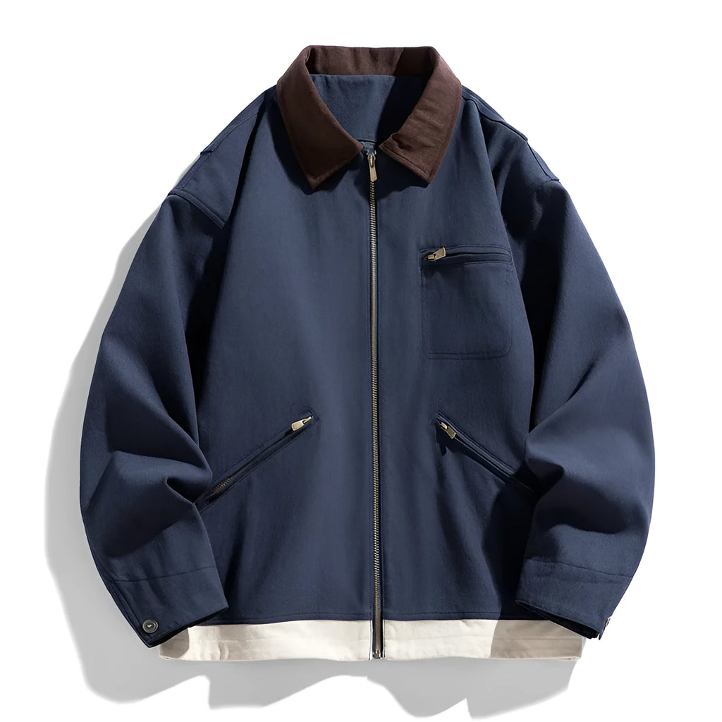 Mens loose fit retro workwear jacket with contrast lapels and side seam pockets