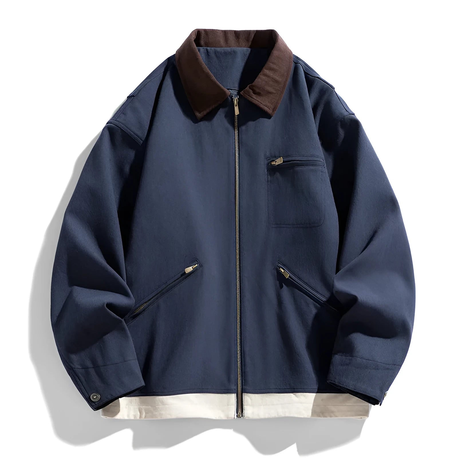 Mens loose fit retro workwear jacket with contrast lapels and side seam pockets