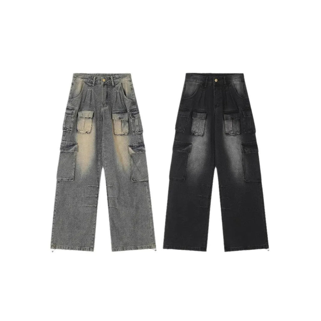Loose fit multi-pocket distressed denim jeans in light blue colour with street hipster styling