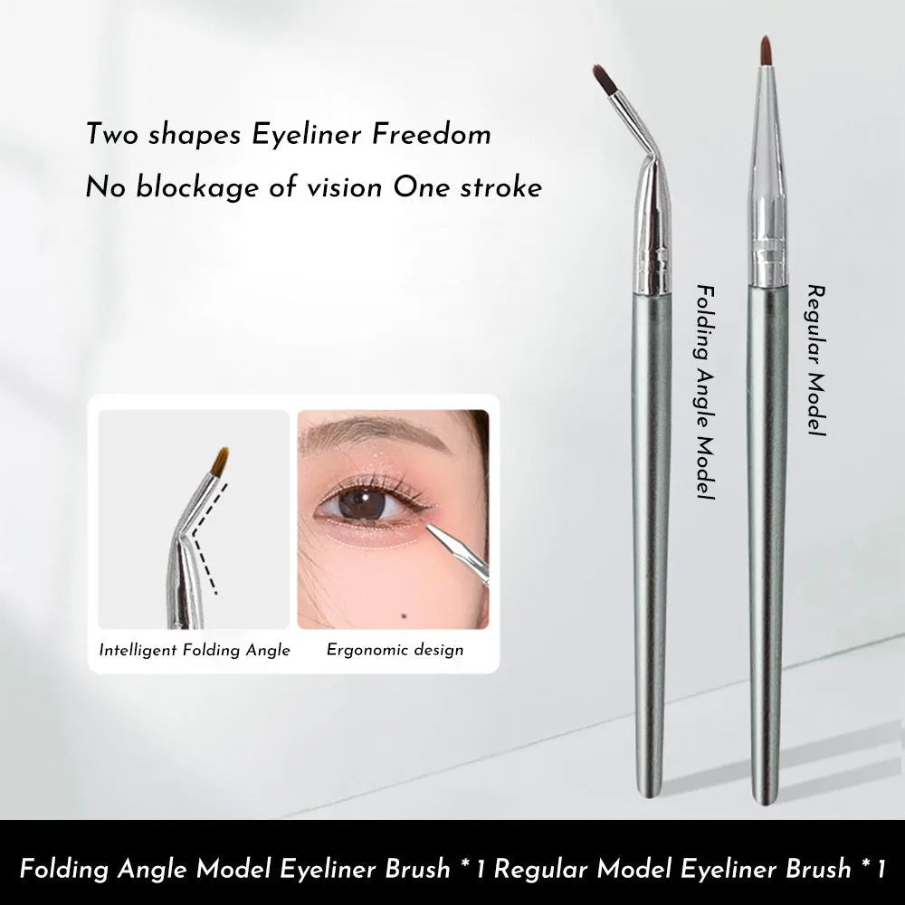 Angled bend head eyeliner brush for precise under eye and tear trough makeup application