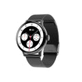 Round Bluetooth smart bracelet with touchscreen on a wrist, showing call and heart rate functions.