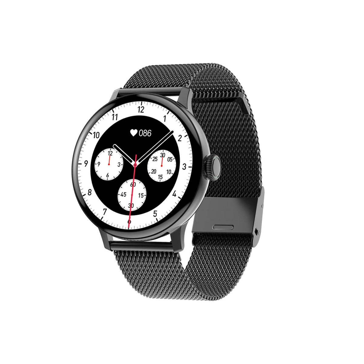 Round Bluetooth smart bracelet with touchscreen on a wrist, showing call and heart rate functions.
