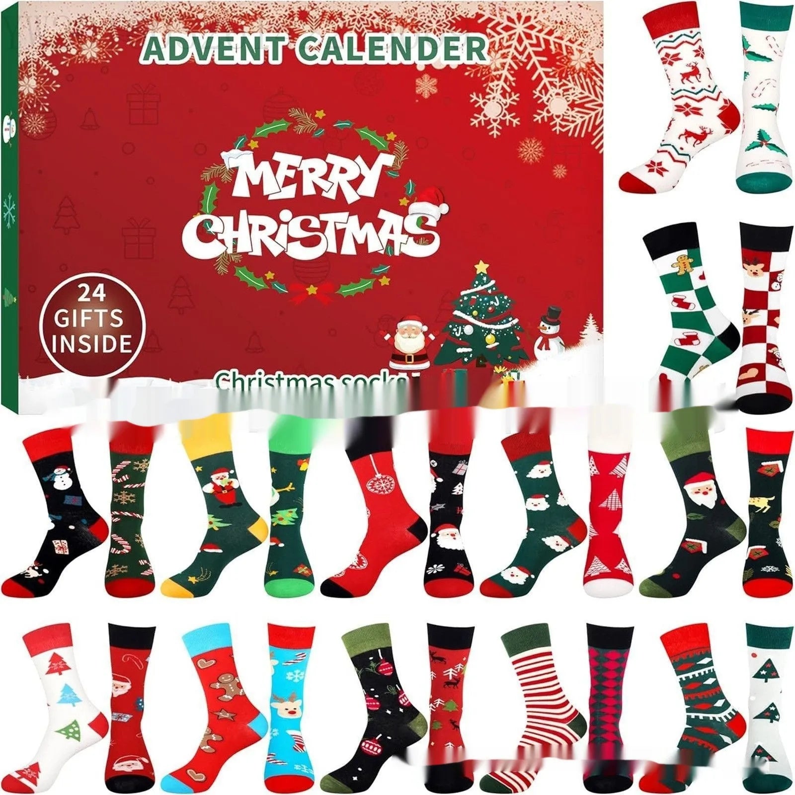 Assortment of seven different resin Christmas sock blind boxes for holiday decoration