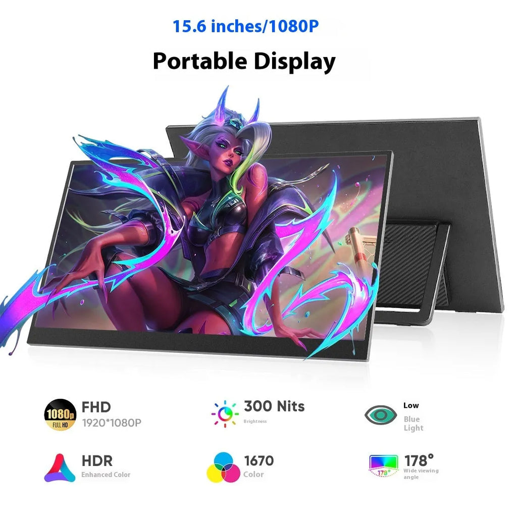 Black 15.6-inch portable computer monitor on an adjustable stand with HDMI and USB cables.