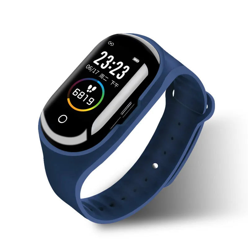 Smart bracelet with integrated wireless earphones on a silicone wristband in black, blue or red.