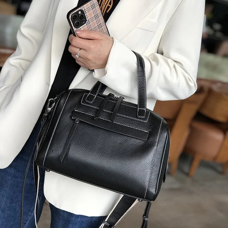 Genuine leather Boston Lychee pattern messenger bag with shoulder strap and multiple compartments