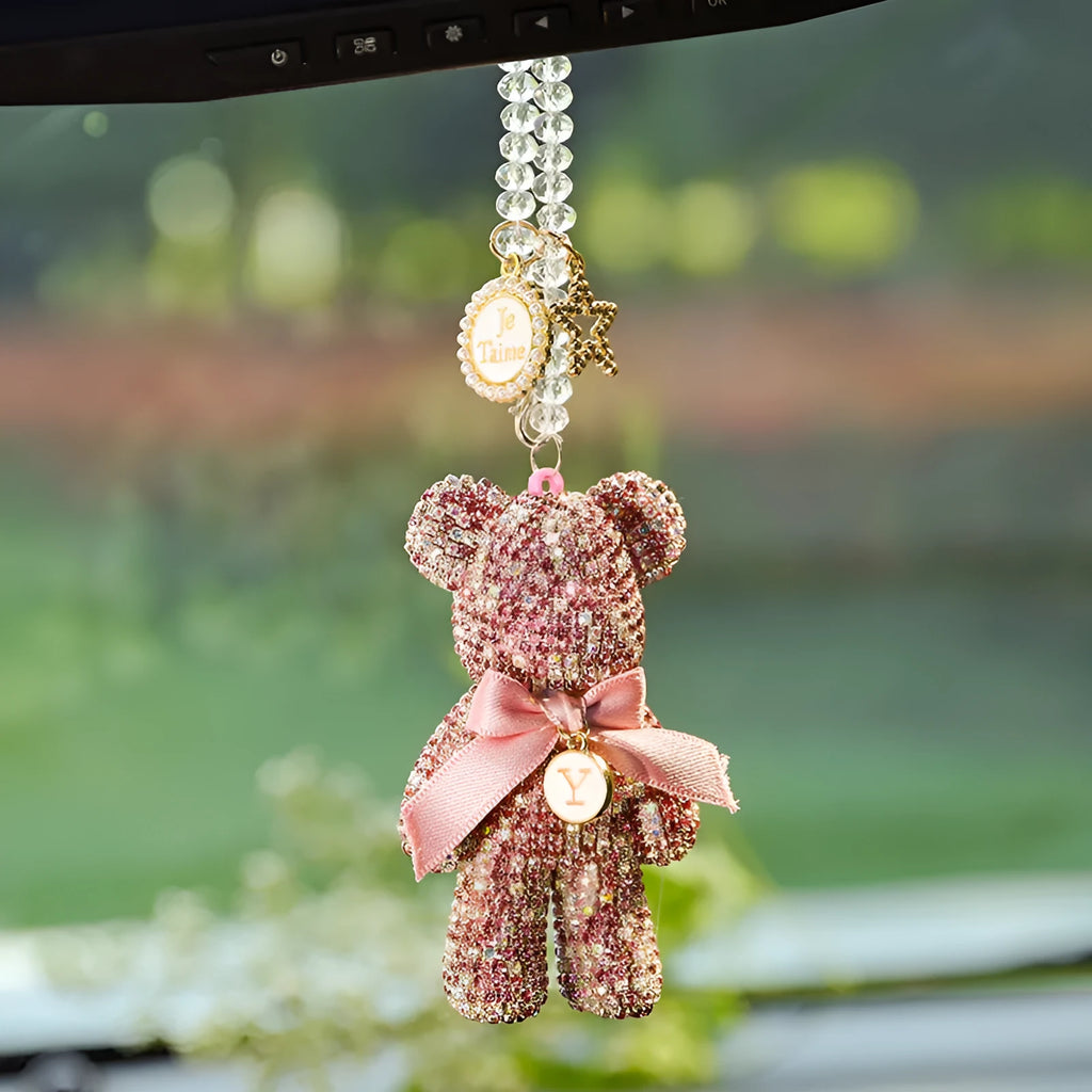 Violent bear-shaped car mirror pendant with embedded rhinestones in three colour options