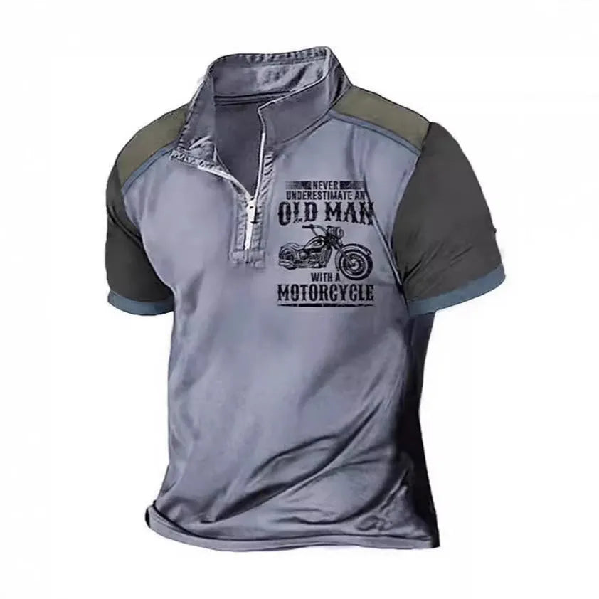 Men's casual polo shirt with lapel collar, zipper decorations and letter print pattern in polyester fabric