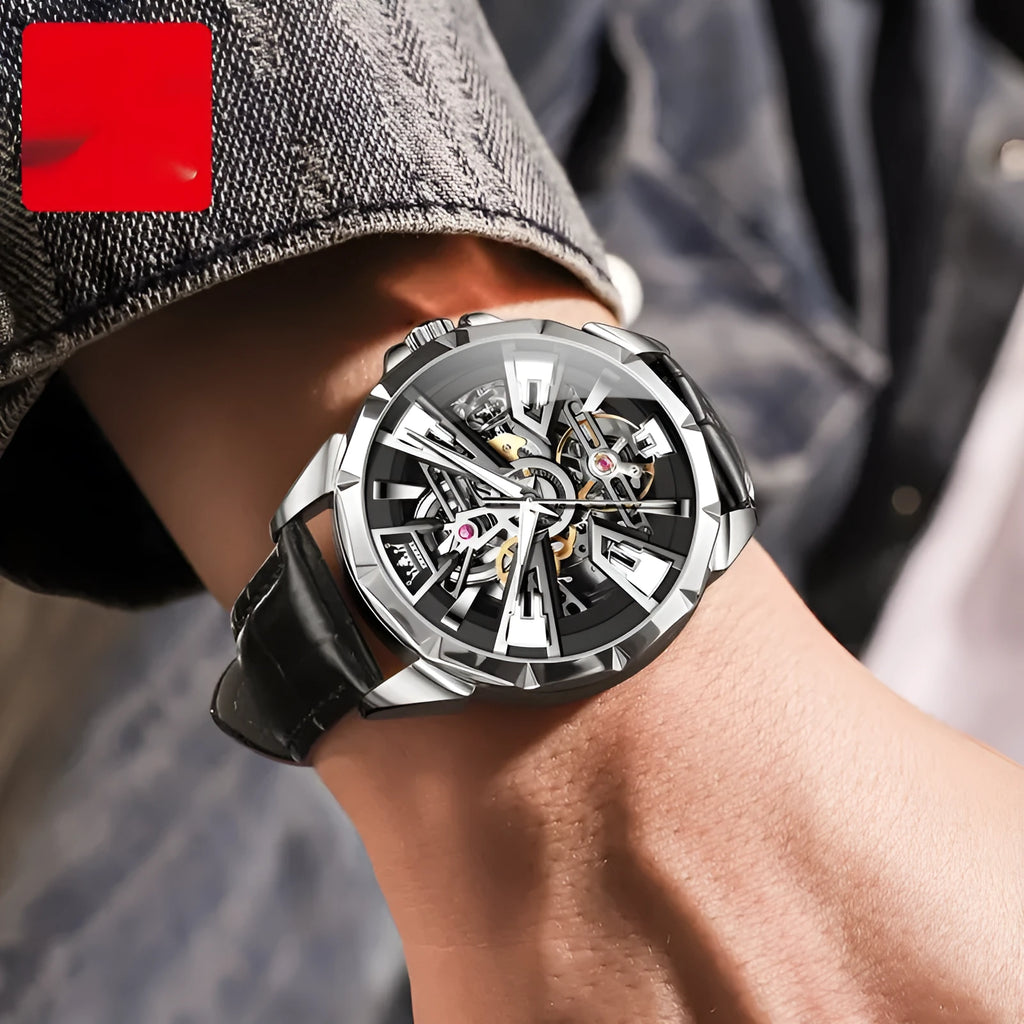 Men's automatic skeleton watch with brown leather strap and black barrel case showing hollow dial