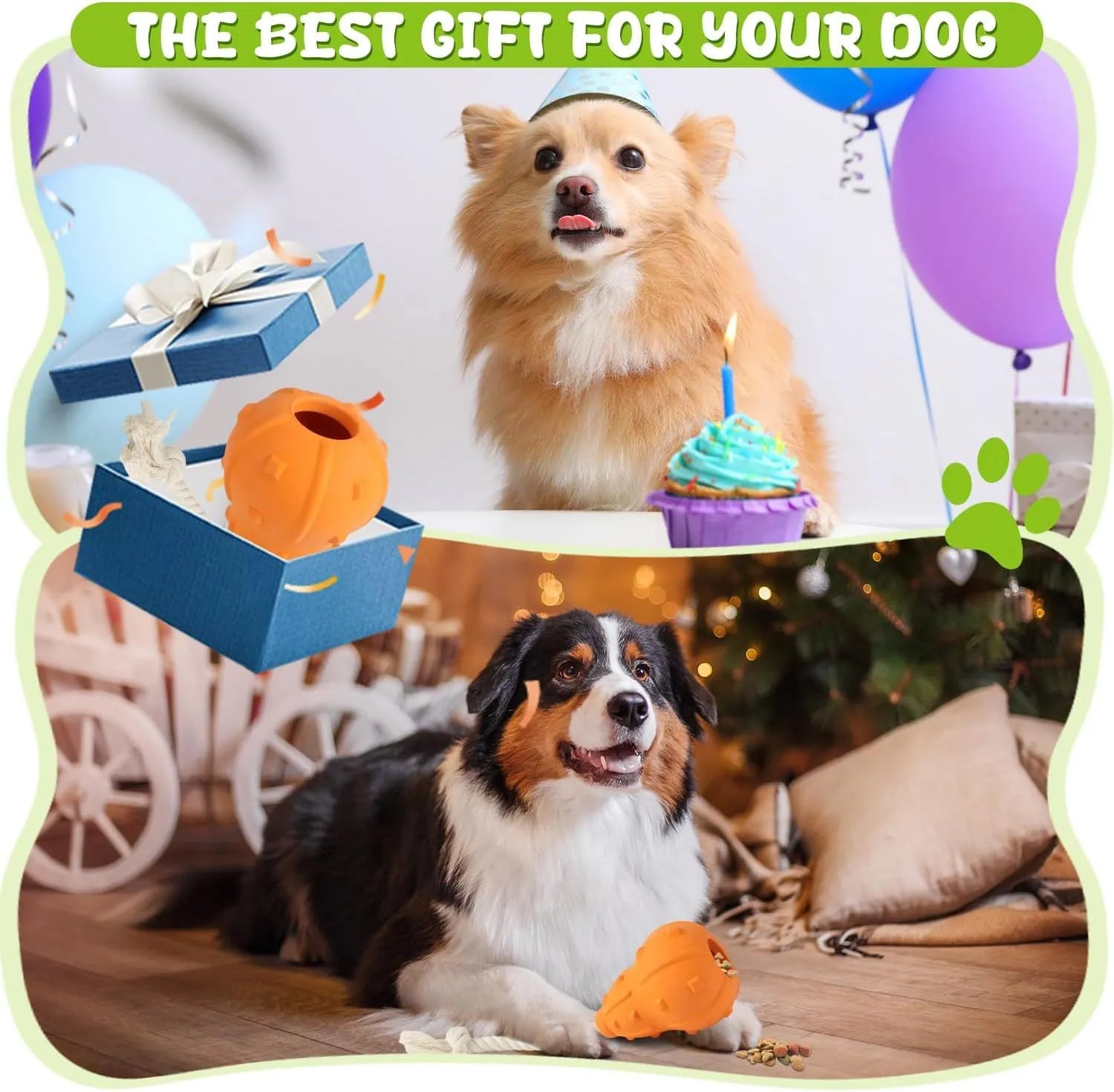 Natural rubber dog toy with longer strap, hollow treat-dispensing centre, for small medium breed dogs.