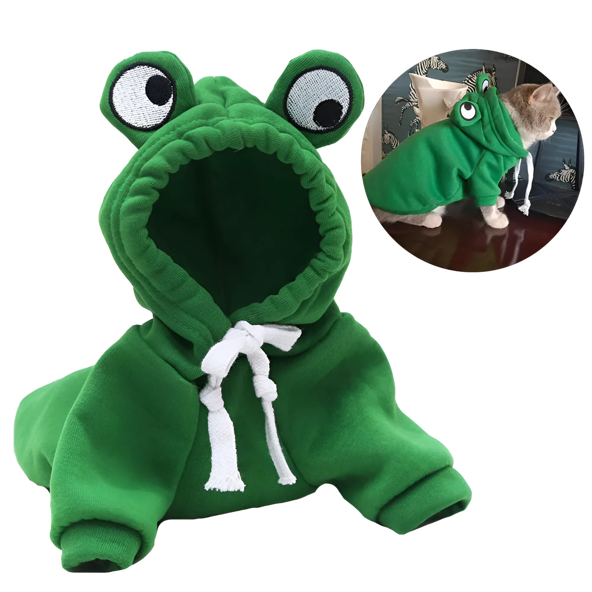 Green frog costume hoodie on a small dog, showing the hood and zip front.