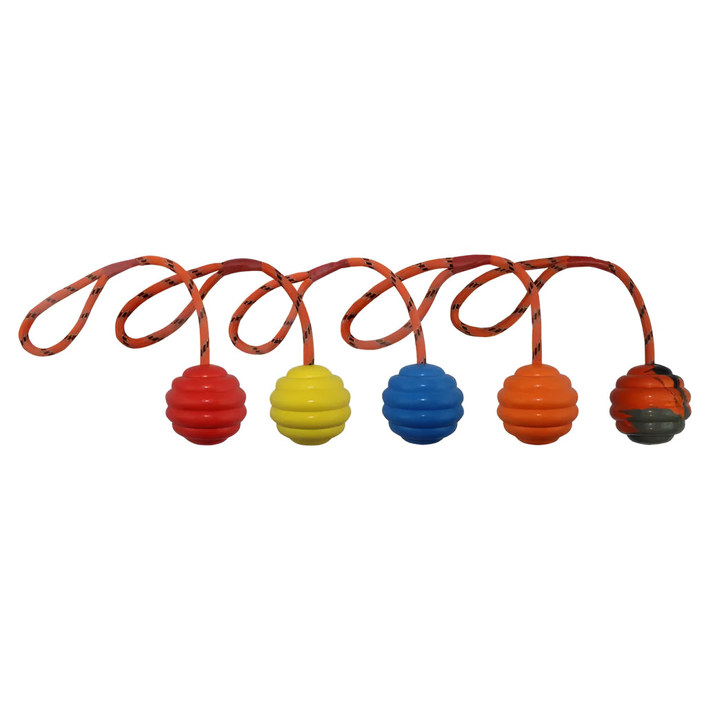 Multi-colour rubber ball pet toy with rope knot, measuring 6cm diameter by 30cm length
