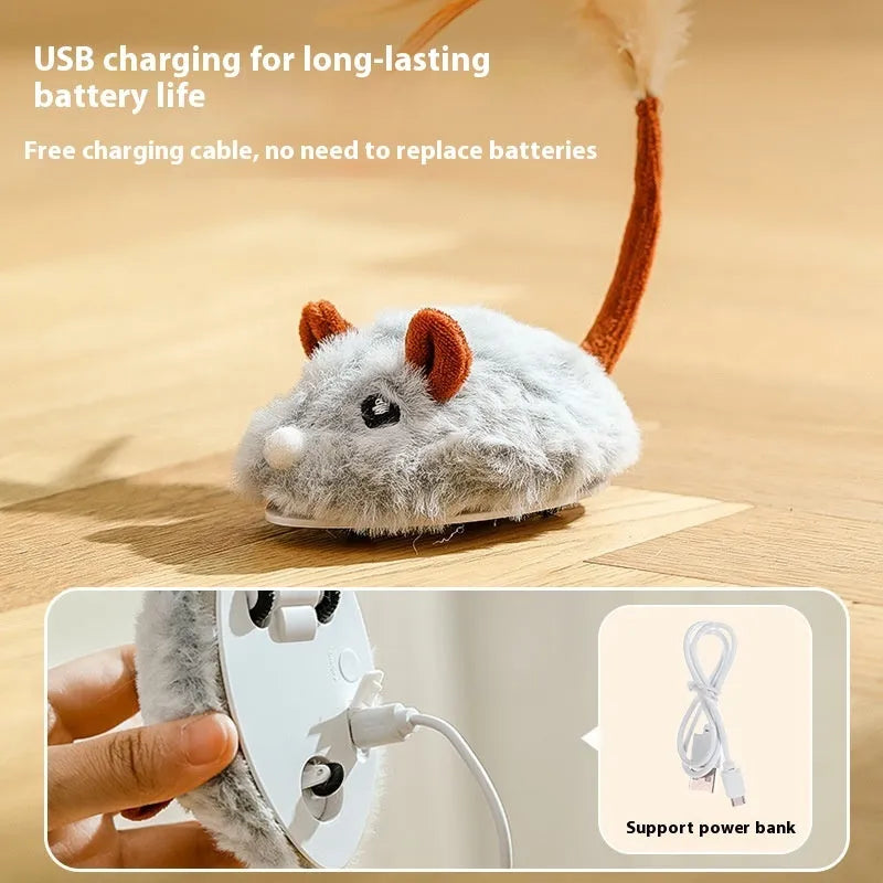 Electric moving mouse cat pole toy in pink plush with USB Type-C charging port