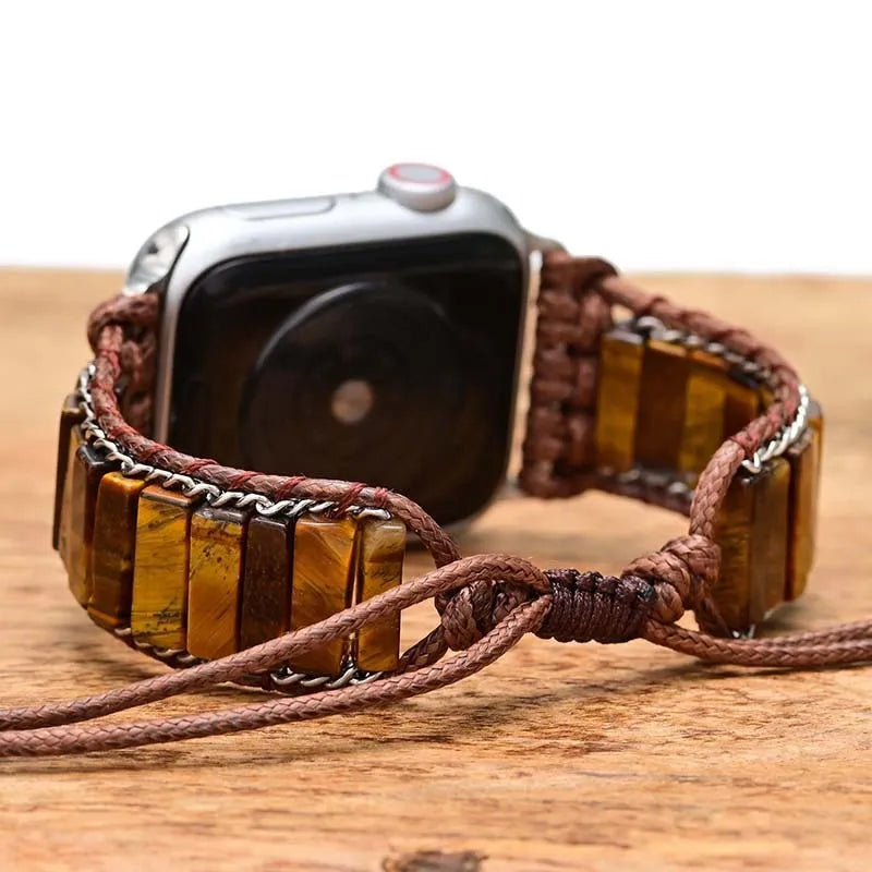 Men's adjustable textile watch strap with rectangular tiger eye stone chain detail, shown fitting a watch.