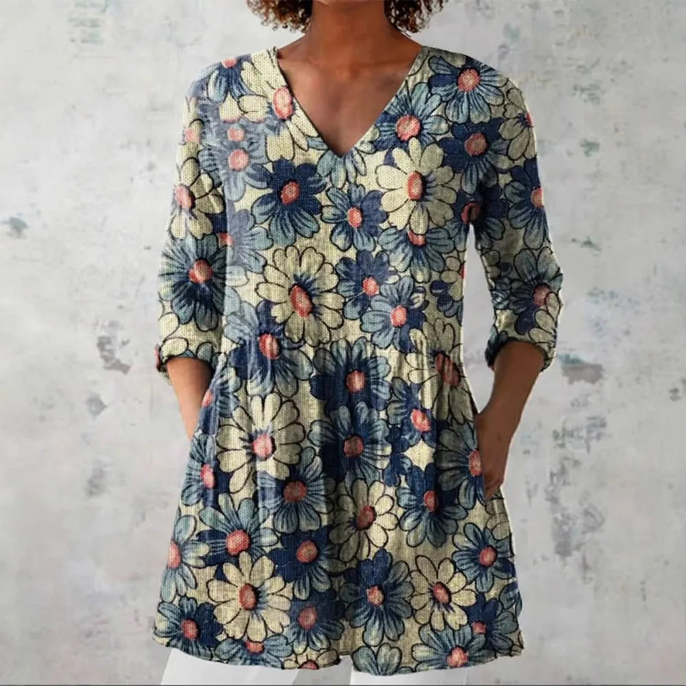Women's retro slim fit printed long-sleeved polyester top on a hanger, showing digital print detail.