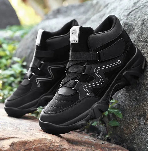Men's black lace-up casual shoes on a white background.
