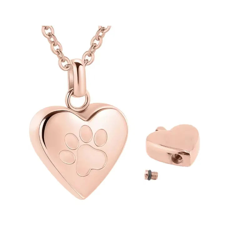 Titanium steel heart pendant necklace with paw print design and openable cinerary casket