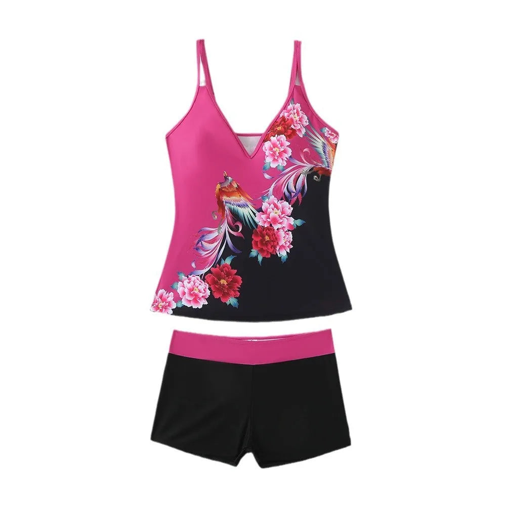 Women's plus size two-piece swimsuit set in black or rose red, sizes S to 5XL.