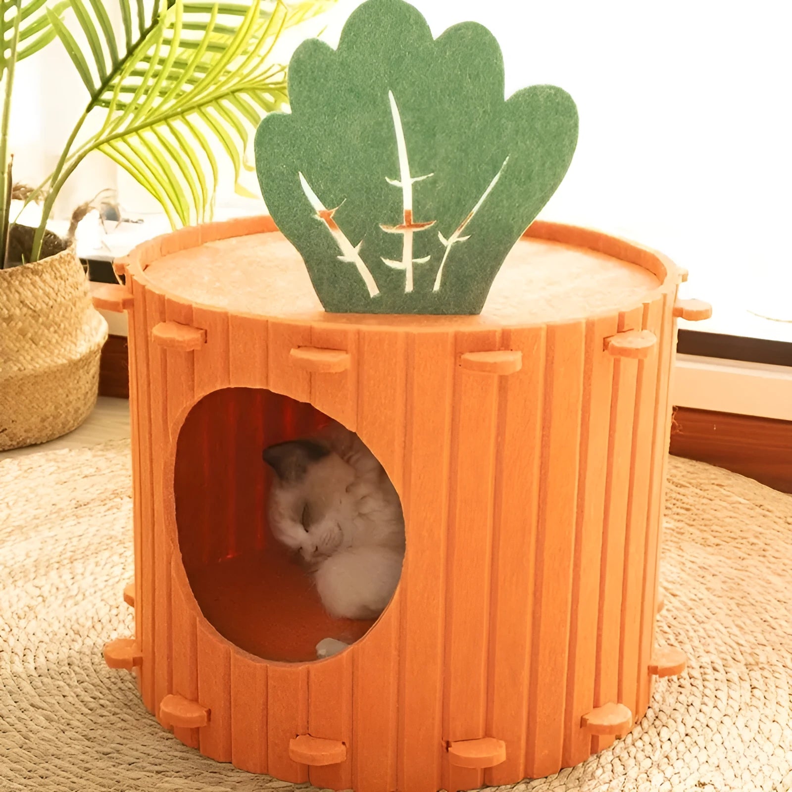 Grey wool felt cat tunnel with semi-enclosed roof and round drilled holes