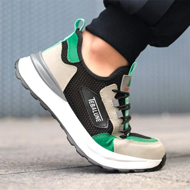 Black green safety shoes with plastic steel toe and mesh upper panel