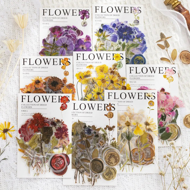 Fire Paint Creative dried flower journal sticker set showing 40 sheets with 160 PET stickers in 8 colour styles.