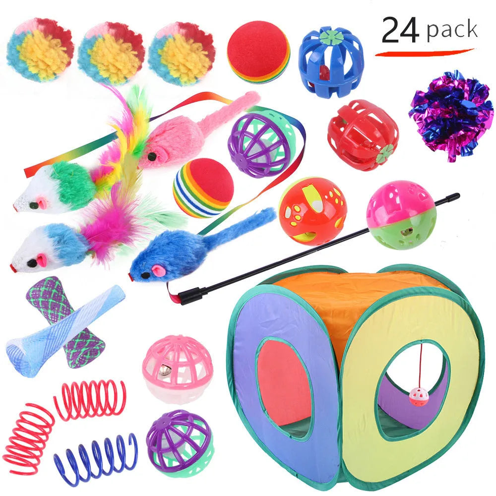 Multi-coloured plastic cat toy set with channel maze design for interactive pet play and enrichment