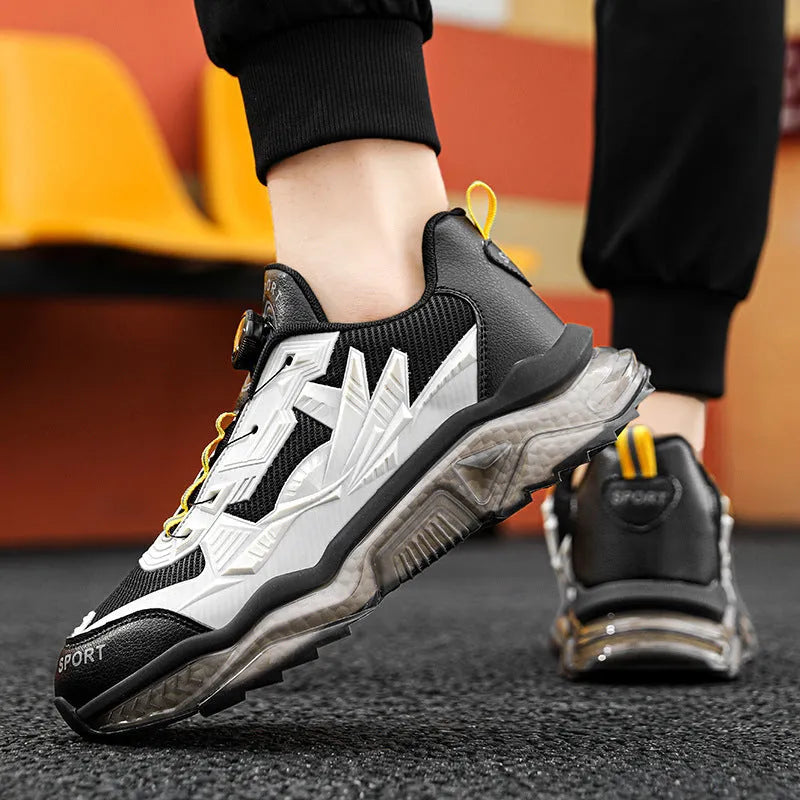 Men's black rotating button casual sneakers with mesh upper and low platform sole.