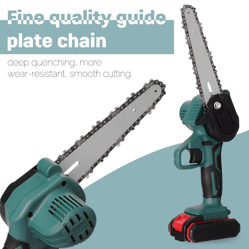 Black one-hand mini electric chainsaw with 4 inch guide bar on a workbench.