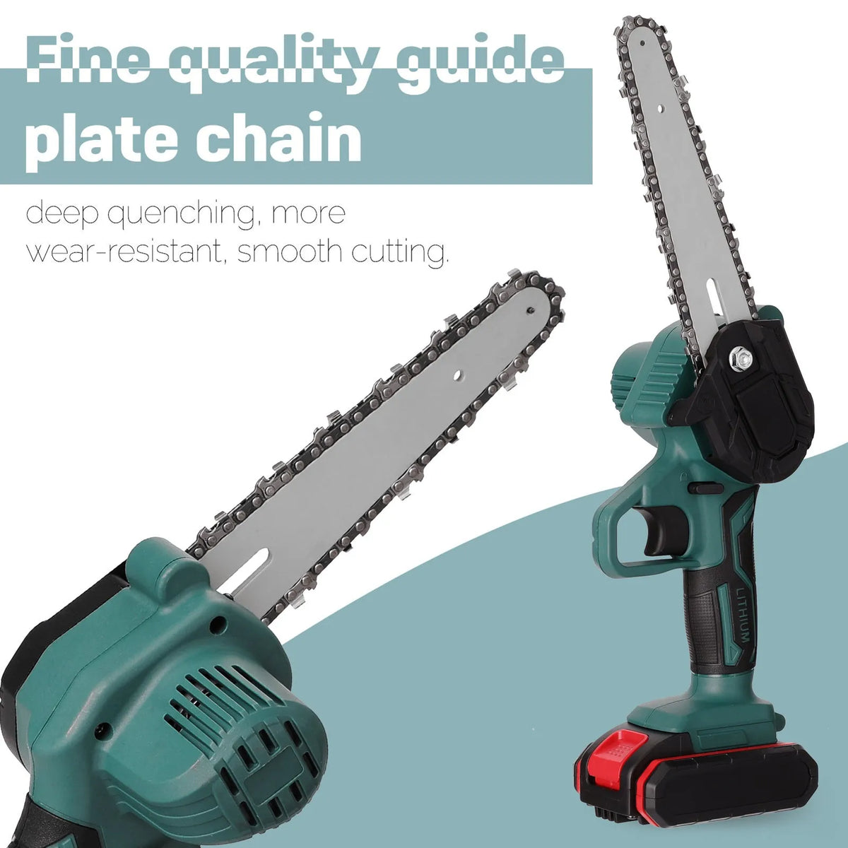 Black one-hand mini electric chainsaw with 4 inch guide bar on a workbench.