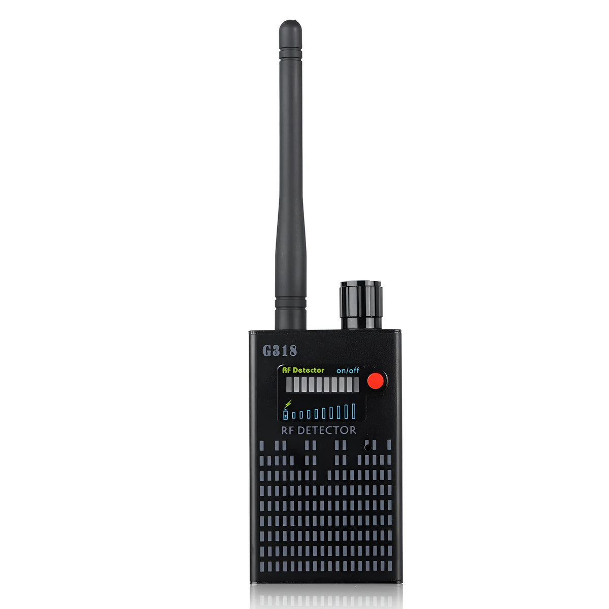 Black G318 aluminum alloy hidden camera detector with dimensions 102x52.5x21.5mm